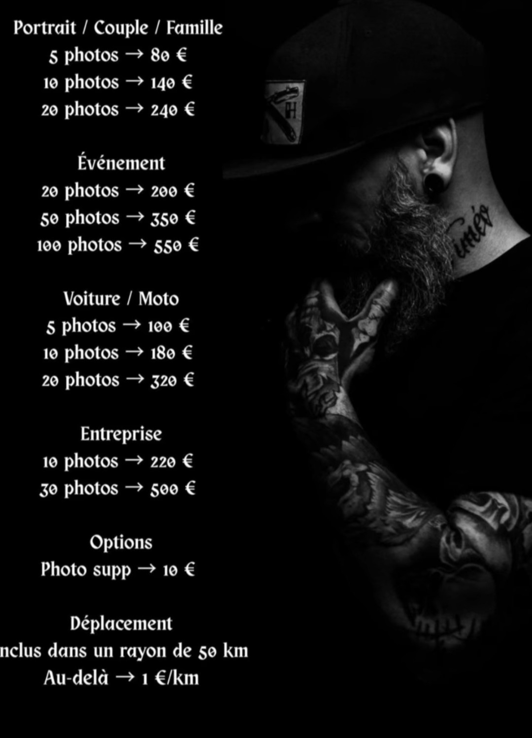 Présentation d'origine des tarifs d'un photographe